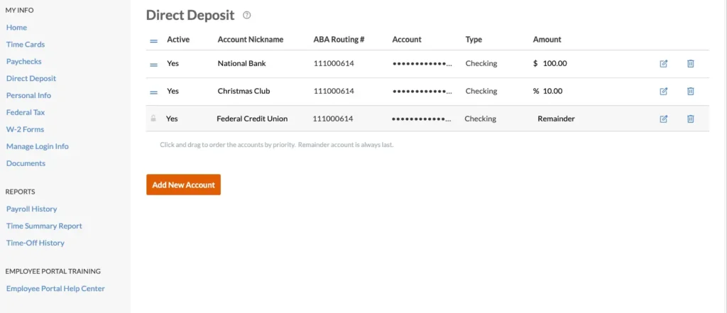 Direct deposit screen in employee portal